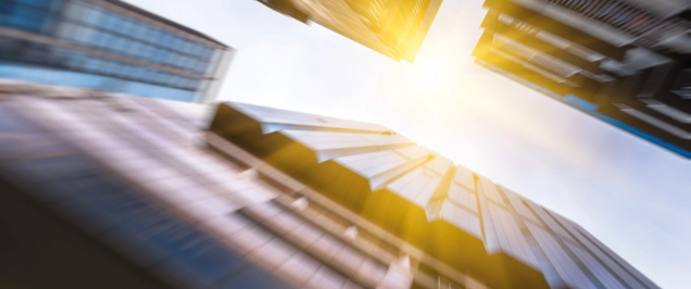 low angle view of business office buildings in modern city of China.||