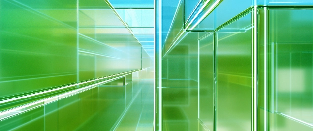 Digital generated image of multi colored reflective semi transparent glass blocks.