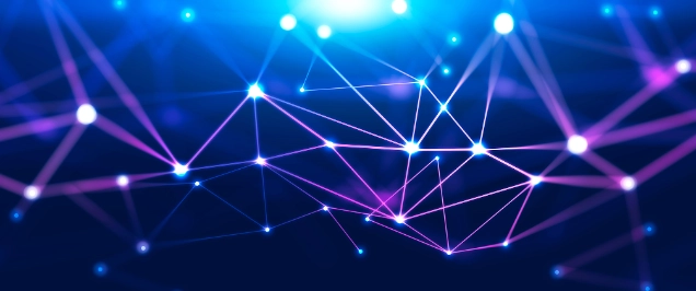 Abstract background with glowing purple and blue connection dots over dark blue. Concept of digital technology and blockchain. 3d rendering